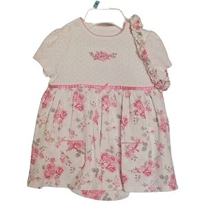 K1004 * Little Me Floral Dress Matching Headband White Pink Size 6M NWOT